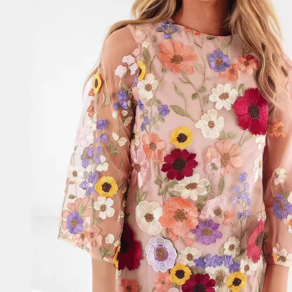 Dame Transparent Blomst Broderi Tunika Kjole Stilla