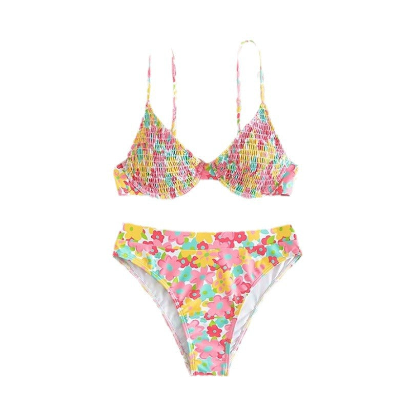 Dame Højskåret Bikini med blomstermønster og smalle stropper Skovae