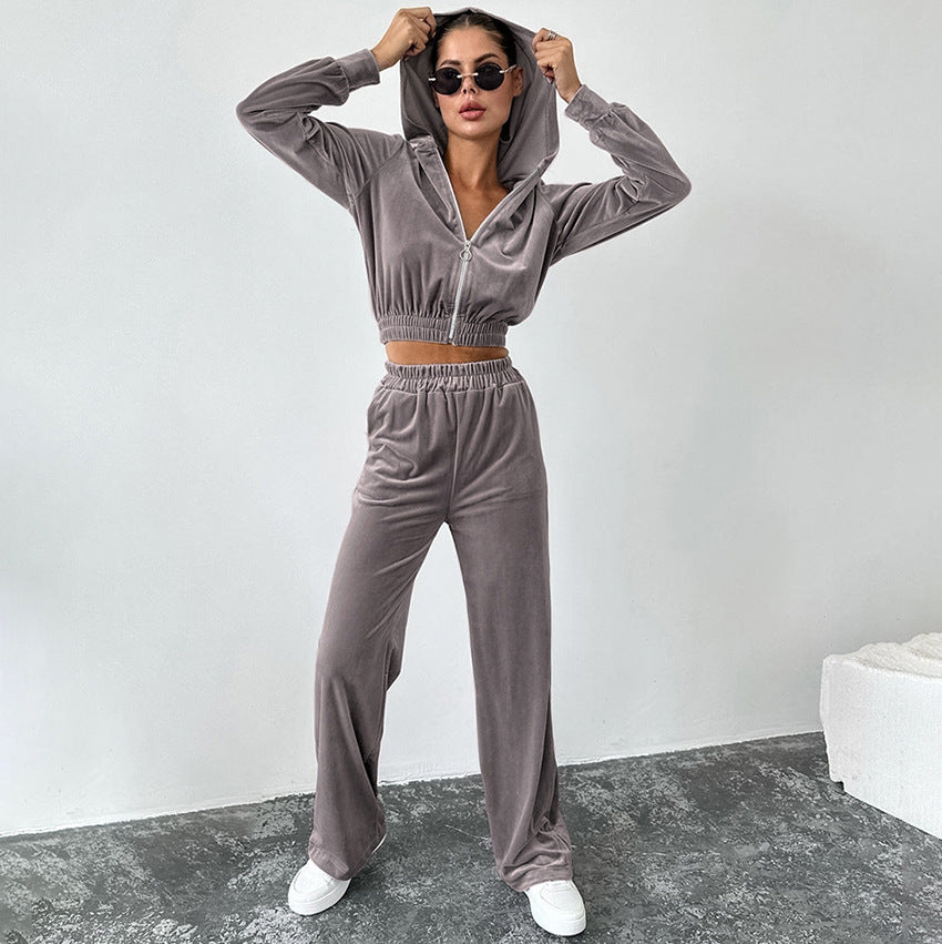 Dame Sporty Velour Sæt med Hætte og Bred Ben Stilla