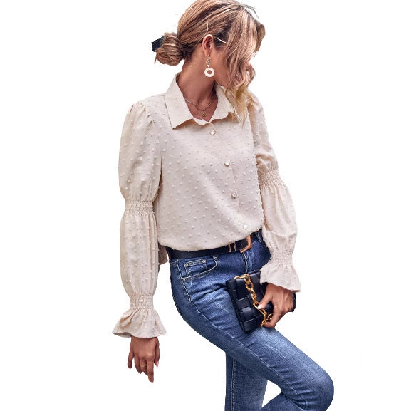 Dame elegant bluse med puffærmer og tekstur Stilla