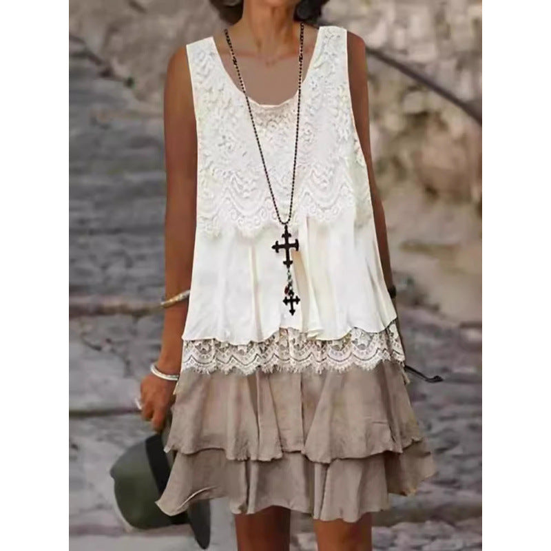 Dame Sommer Midi-Kjole med Ruffles detaljer og Spitze Stilla