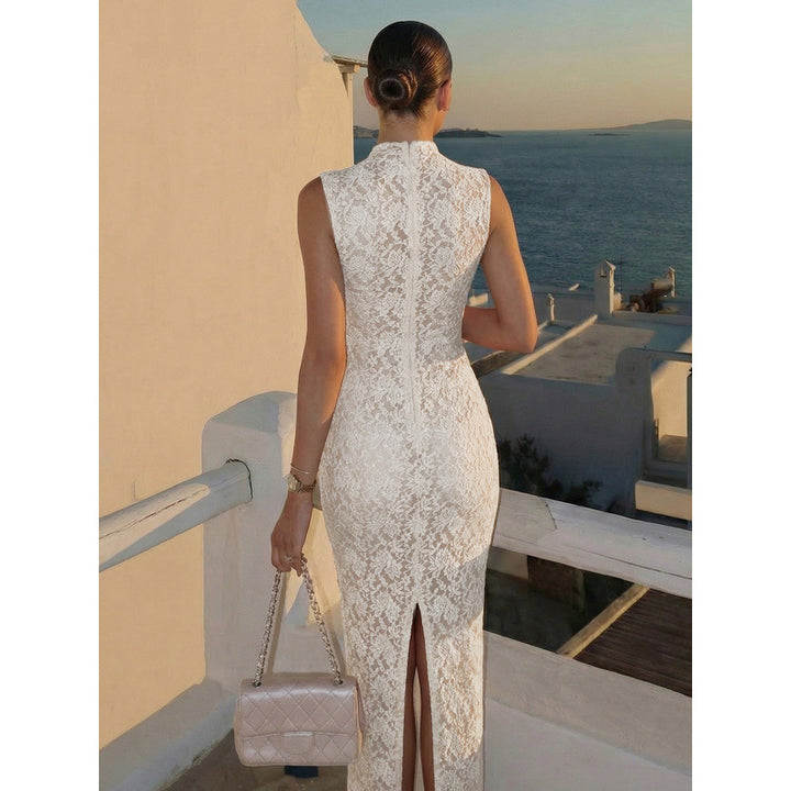 Damen Spitzenkleid mit hohem Kragen und figurbetonter Silhouette Skovae