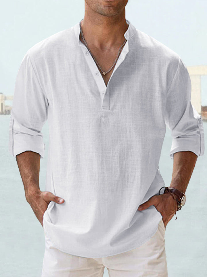 Herrer nan legeres linned Henley-skjorte med ståkrave, oprullede ærmer og buet kant Skovae