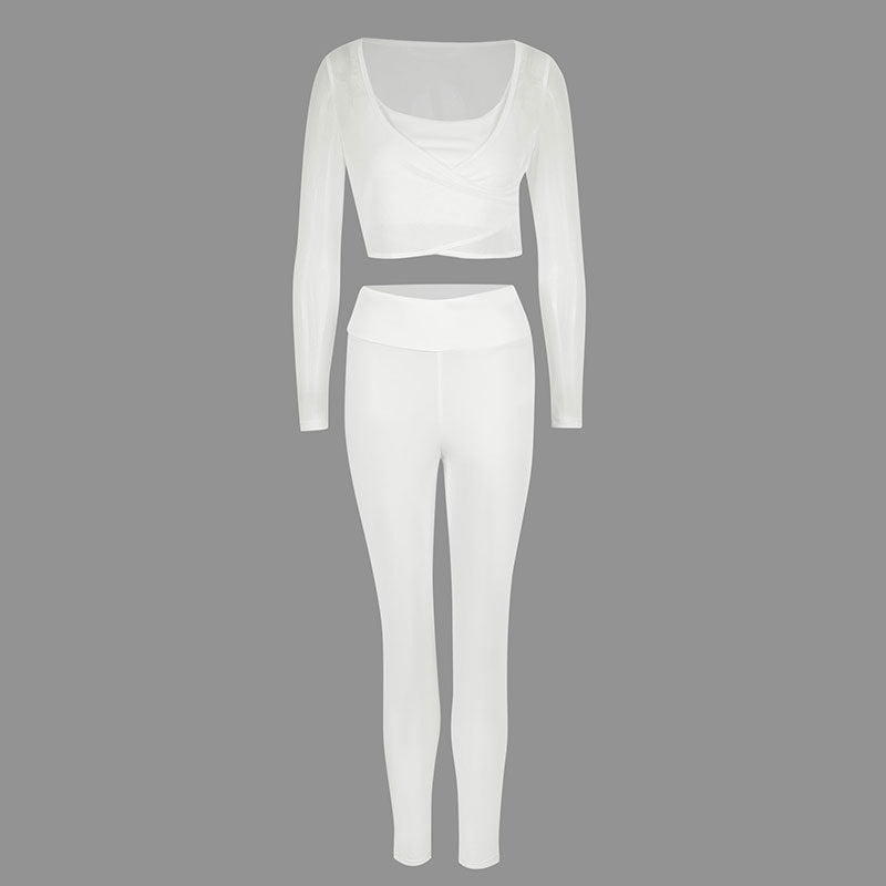 Dame Sporty sæt med kreativ bluse med lange ærmer og figurtilpassede leggings Skovae