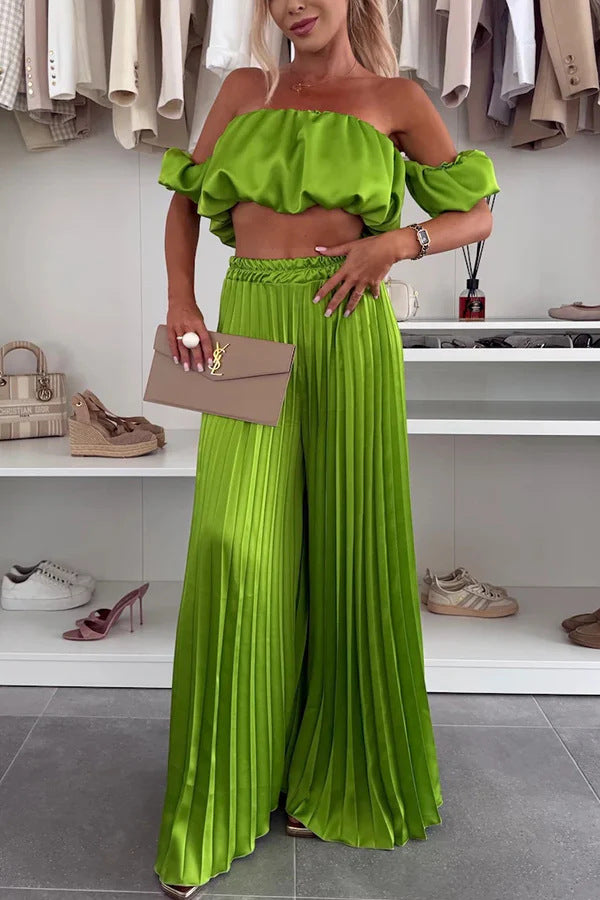 Dame Plisseret Maxi Nederdel og Off-Shoulder Crop Top Sæt Stilla