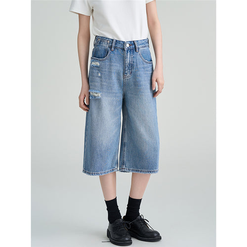 Dame brede jeansbukser med mode zdestroyed-effekter Stilla