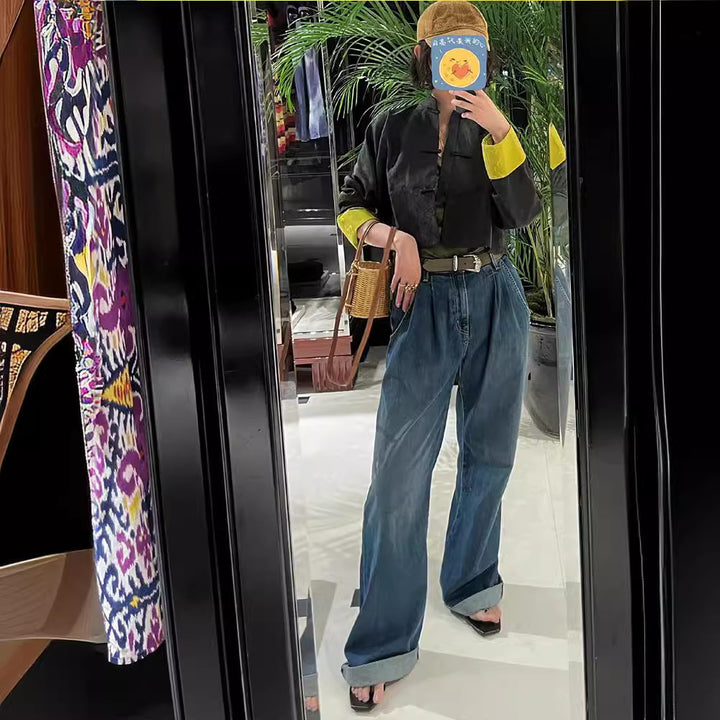 Dame bredskårne jeans med høj talje og elegante folder Stilla