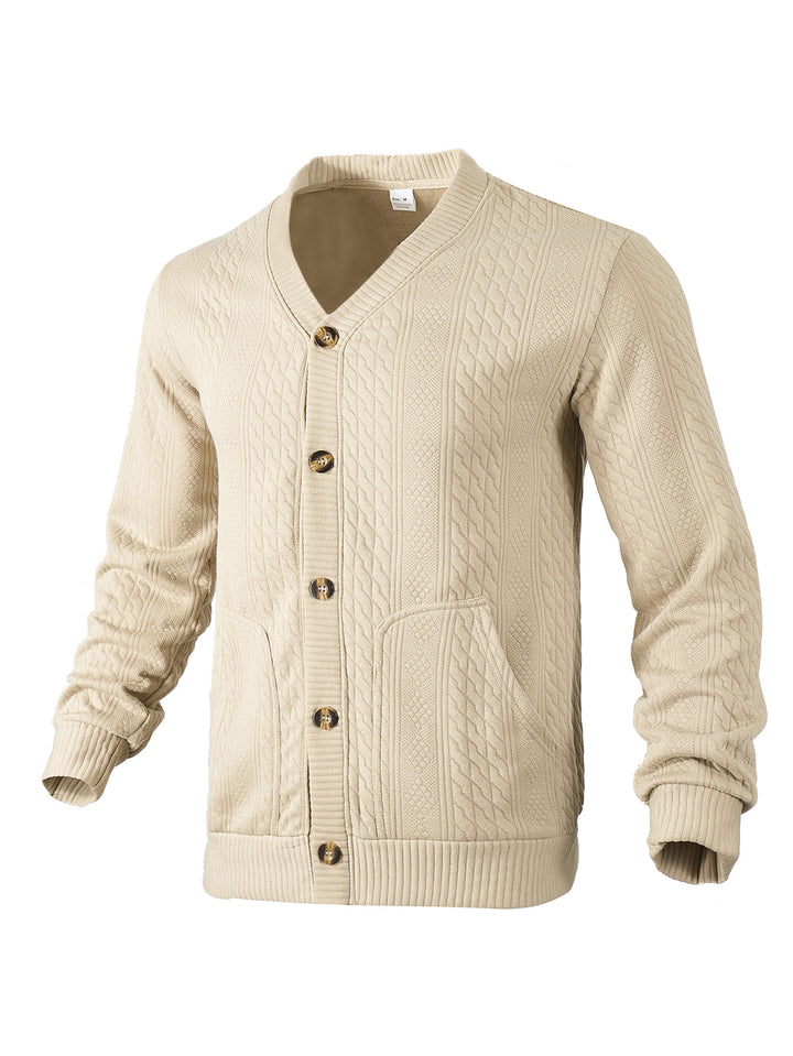 Herrer nan elegant fletsstrikket cardigan med V-hals knapliste og påsyede lommer Skovae