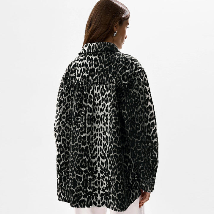 Dame Lagdelte Jeansskjorte med Leopardmønster og Pålægslommer Stilla