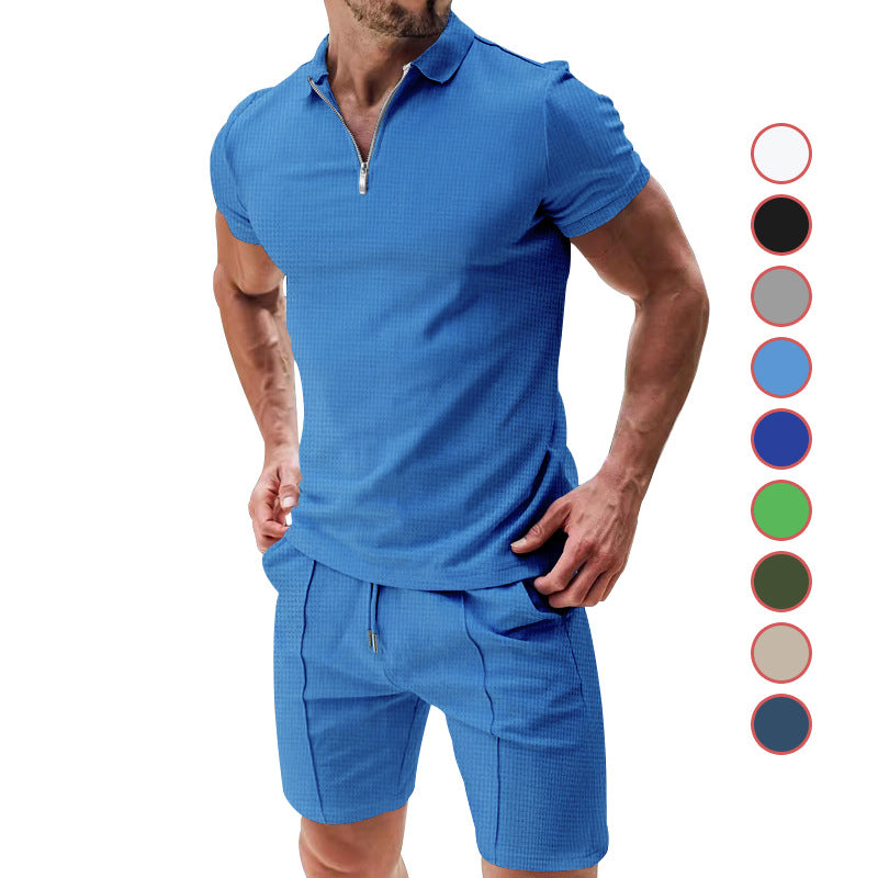 Herren nan sportives Poloshirt- og Chino-short-sæt med halvmidlertidig lynlås, struktureret jersey og diskret press fold Skovae