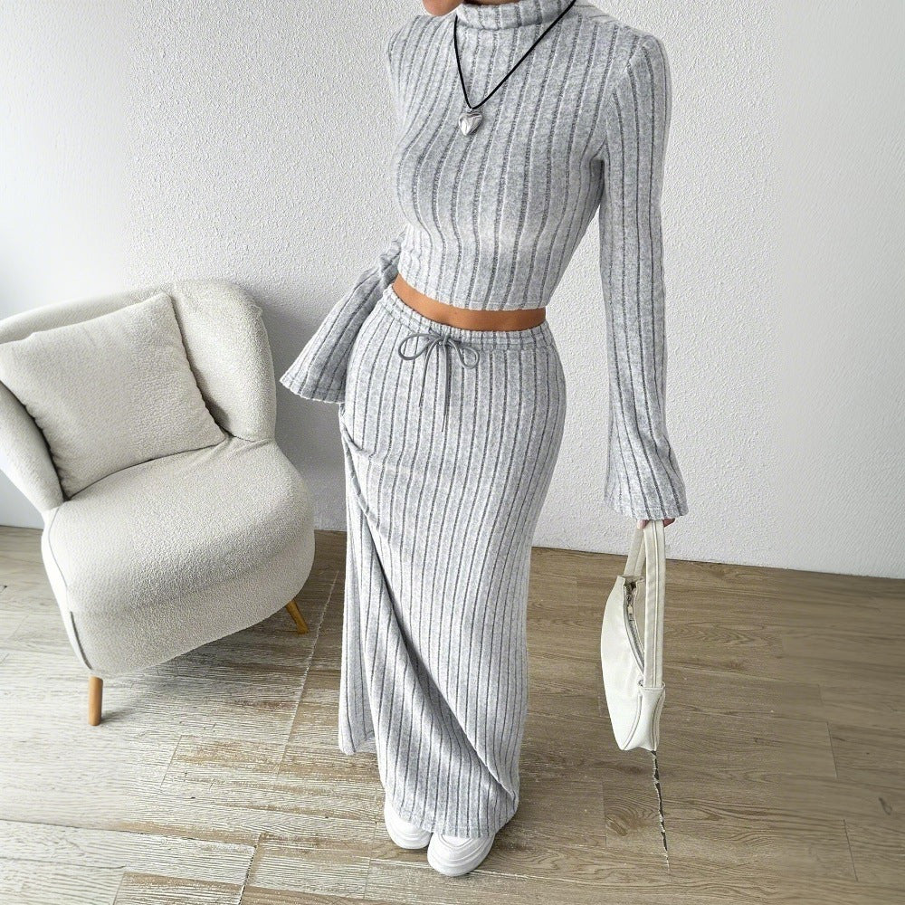 Damer Langærmet Crop Top og Maxi Skirt Sæt med Elegant Ribbet Tekstur Stilla