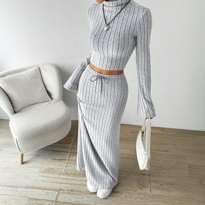 Damer Langærmet Crop Top og Maxi Skirt Sæt med Elegant Ribbet Tekstur Stilla