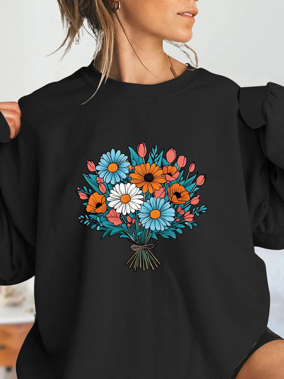 Kvinders Oversized Sweatshirt med Blomster Grafiske Detaljer Stilla
