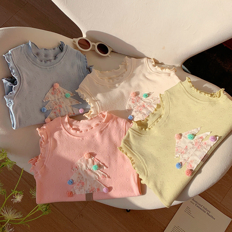 Pige Sommer ærmeløs fritidsoberedel med broderet trædesign Stilla