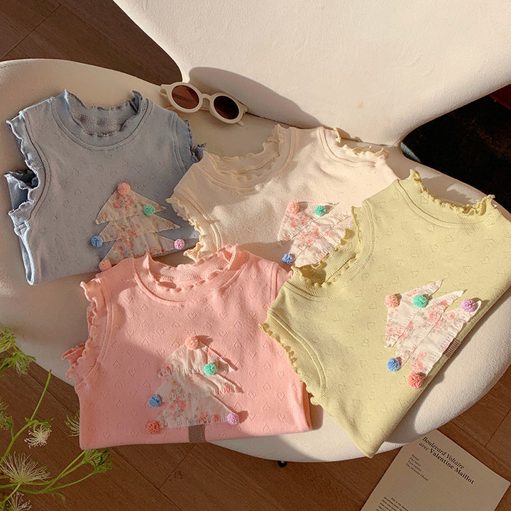 Pige Sommer ærmeløs fritidsoberedel med broderet trædesign Stilla