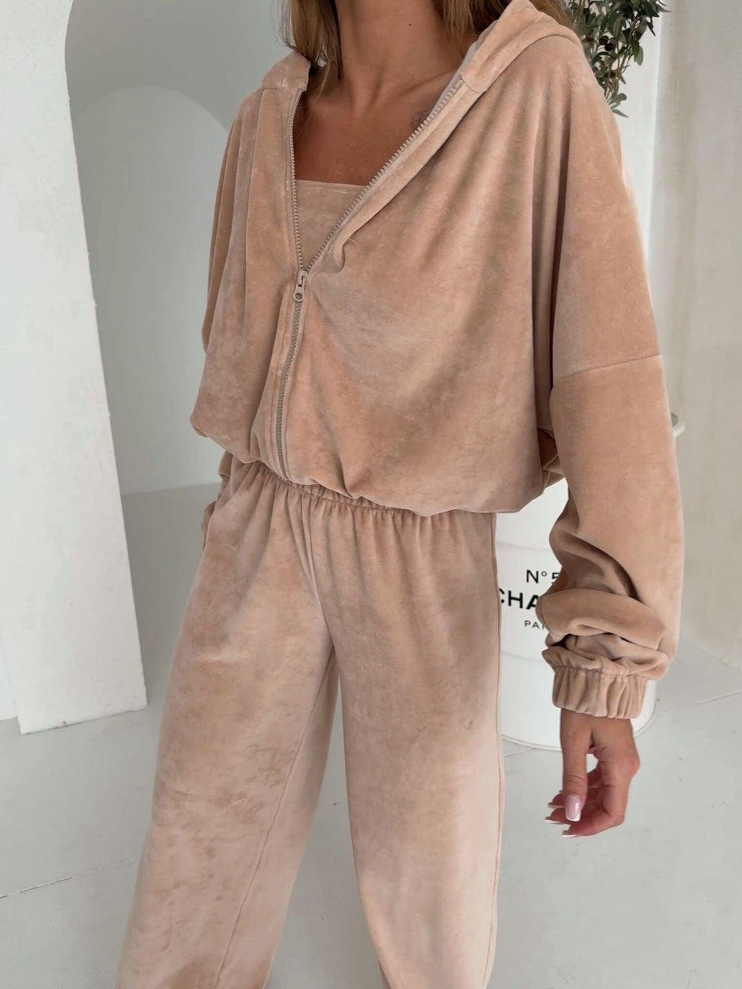 Damer Elegant Fleece Loungewear Sæt med Løs Top og Behagelige Bukser Skovae