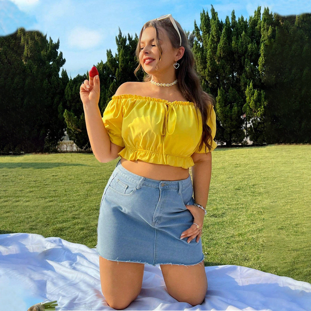 Damer Crop Bluse med elastiske puffærmer og justerbar snøre Stilla