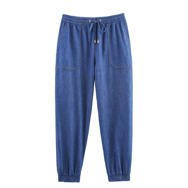 Damer casual denim sæt med crop bluse og elastiske bukser Skovae