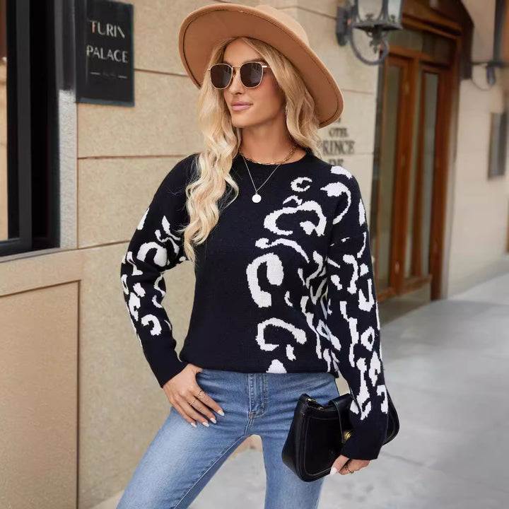 Kvinders chunky strikket sweater med iøjnefaldende leopardmønster Stilla