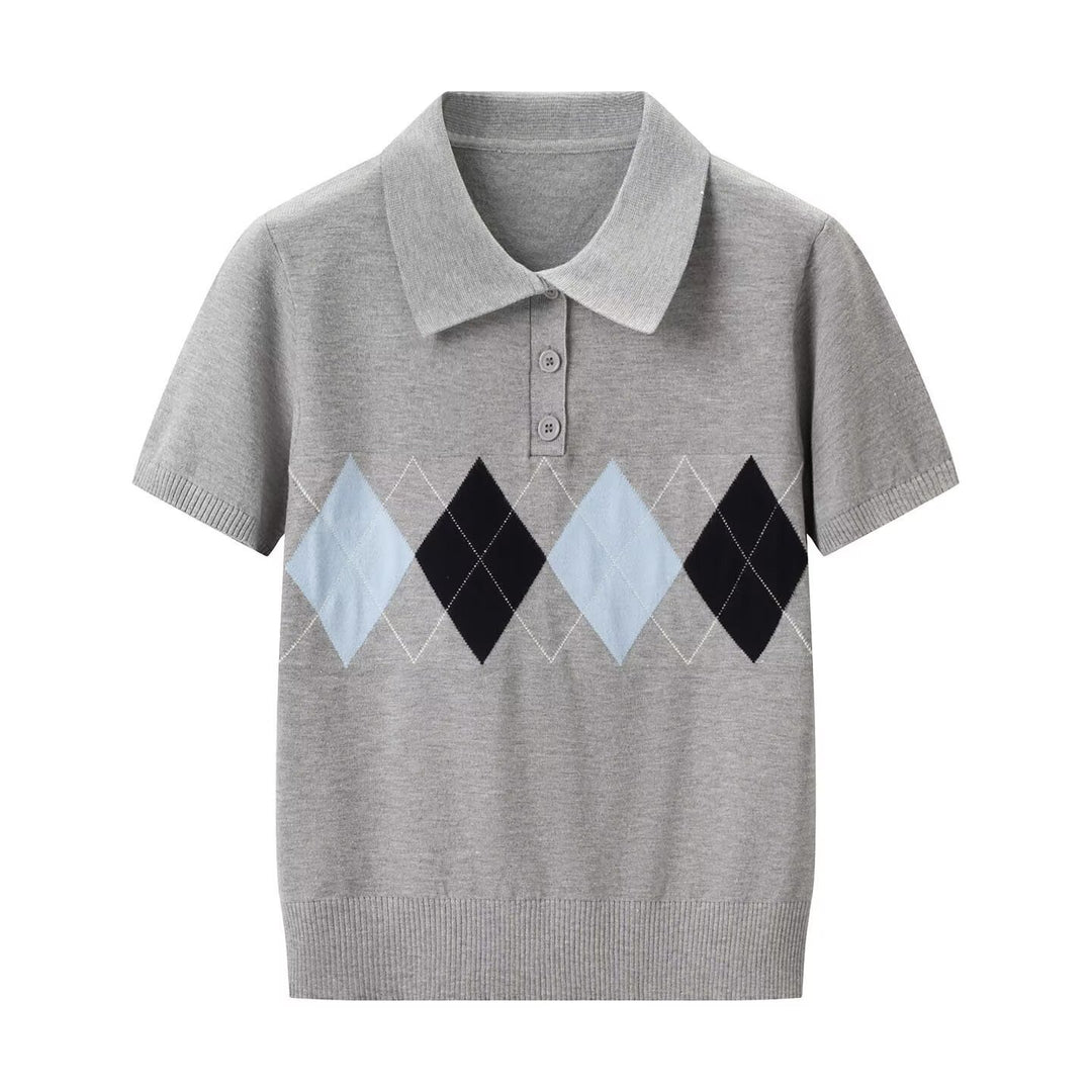 Dame polo shirt med moderne rhombemønster og fint bomuldsstof Skovae