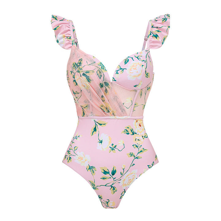 Dame bikini-sæt med blomsterdetaljer og luftig maxi-nederdel Skovae