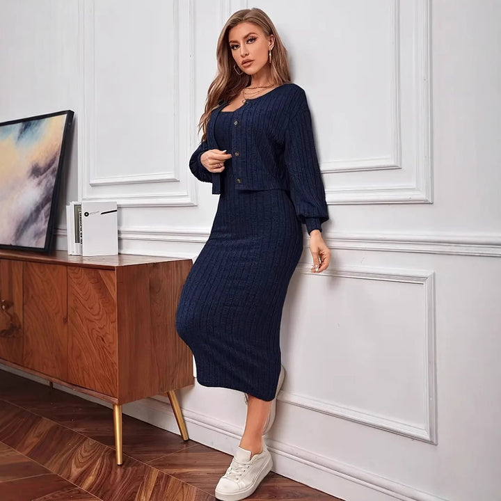 Dame strikkjole med matchende cardigan-jakke Stilla