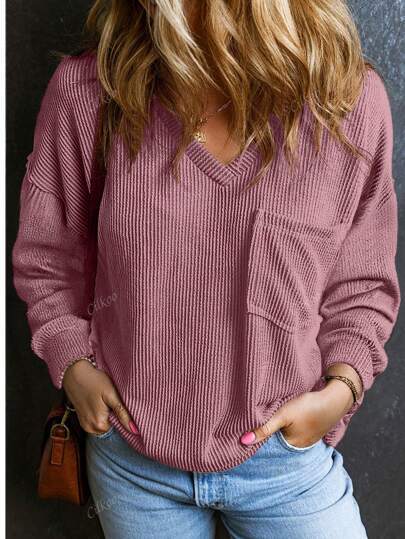 Dame V-hals pullover med brystlomme Stilla