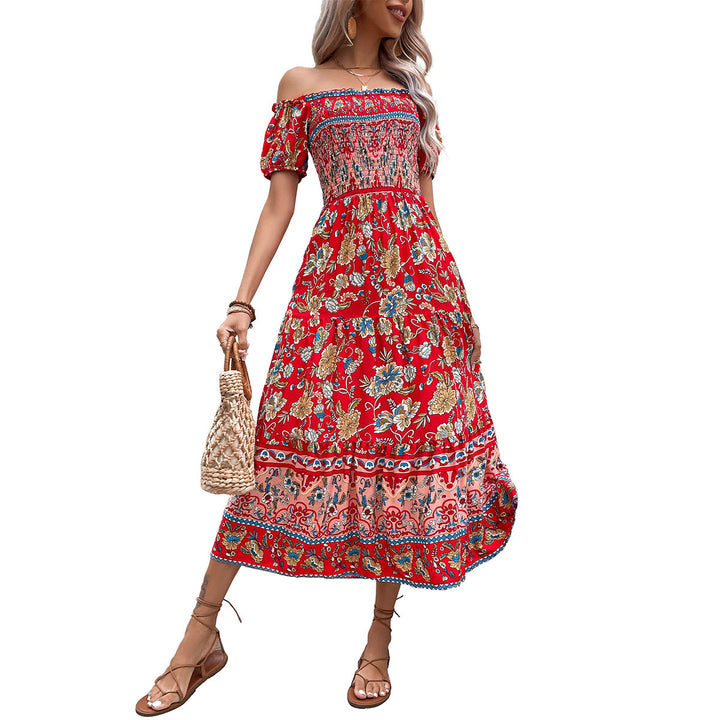 Kvinders Off-Shoulder Maxi Kjole med Blomsterprint og Elastisk Talje Bånd Stilla