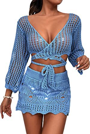 Damer hæklede crop-top og mini skirt sæt med elegante binde-detaljer Skovae