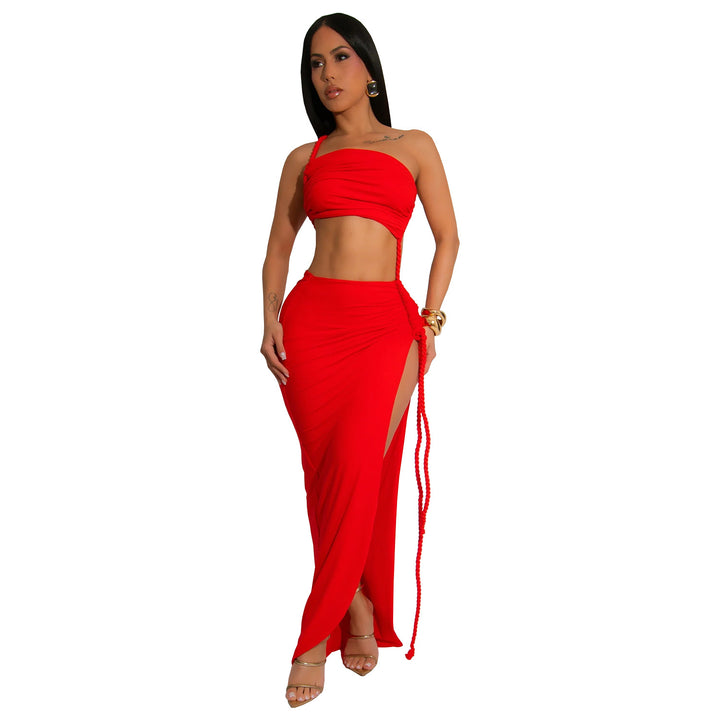 Dame sæt bestående af crop-top og maxi-nederdel med rynker og sidelængdeslids Stilla