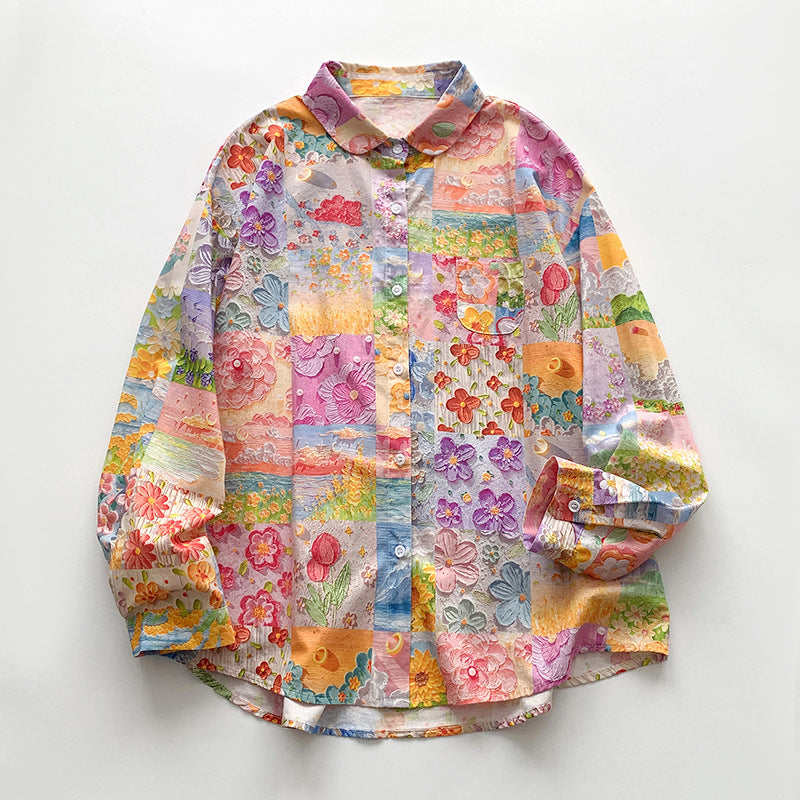 Dame langærmet skjorte med farverigt patchwork-design Stilla
