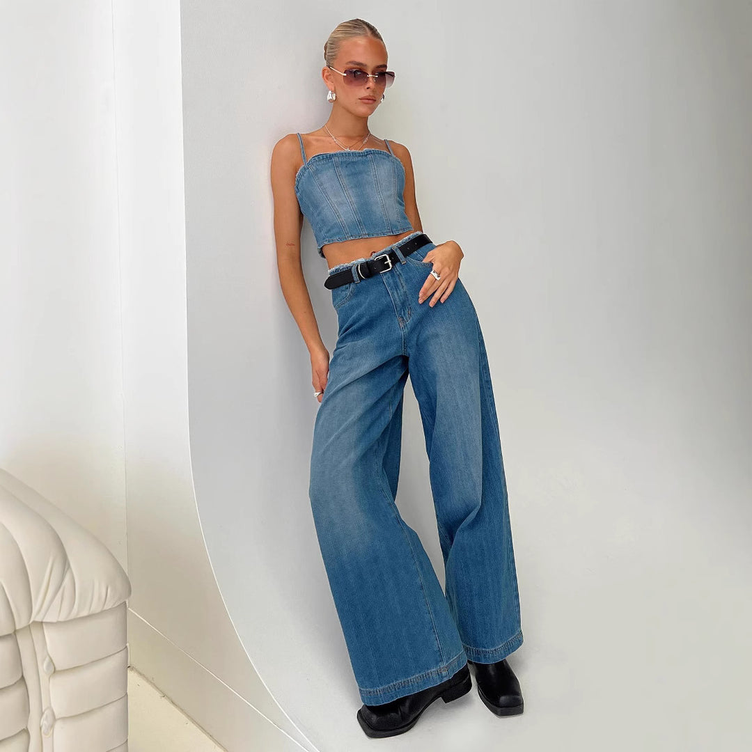 Dame brede Denim-jeans med høj talje og frynset kant Skovae