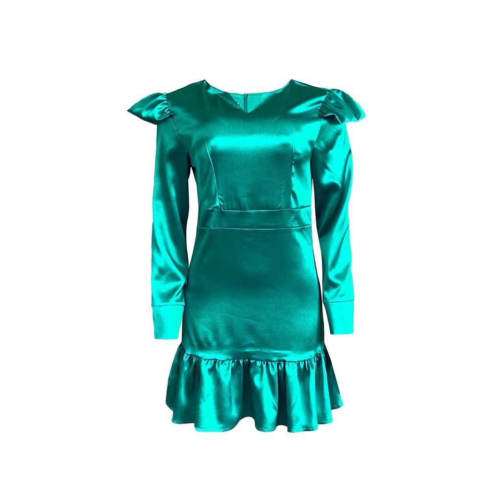 Dame Elegant Satin Kjole med Puffærmer og Flæsekant Stilla