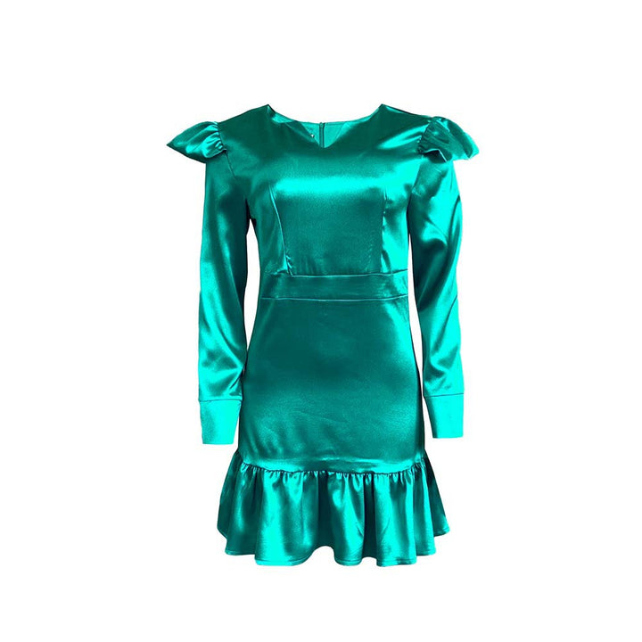 Dame Elegant Satin Kjole med Puffærmer og Flæsekant Stilla