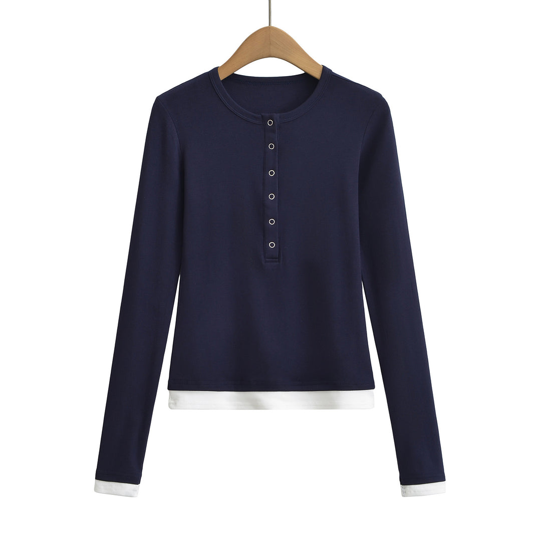 Dame langærmet Henley-shirt med knaplignende udskæring og sidelayouts i kontrast Stilla