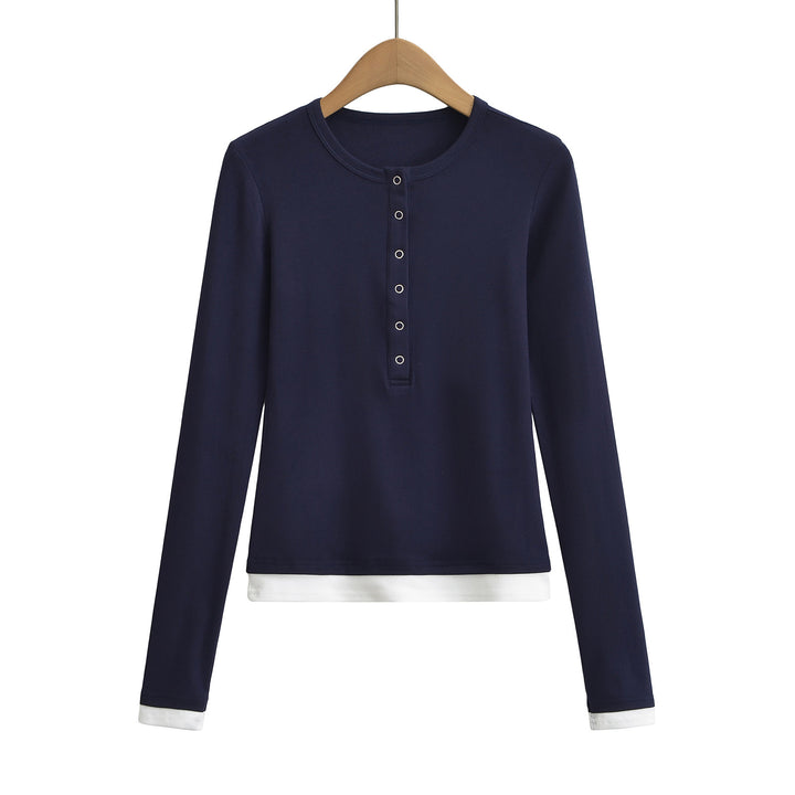 Dame langærmet Henley-shirt med knaplignende udskæring og sidelayouts i kontrast Stilla