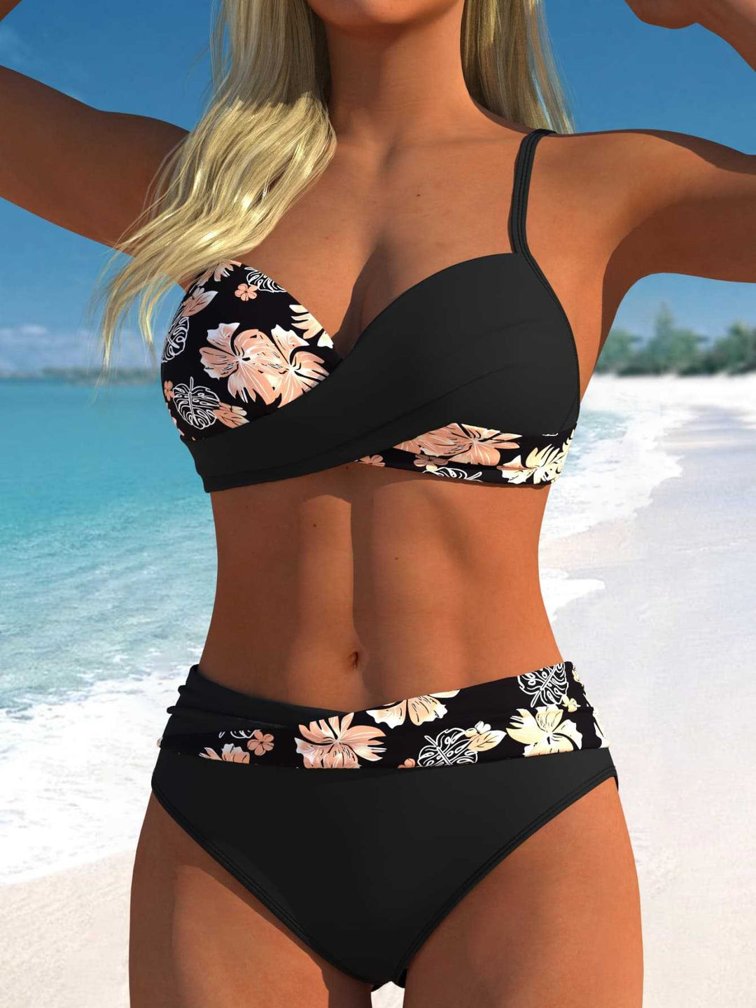 Dame Bikini-Sæt med blomster-wrap-mønster og behagelige high-waist-trusser Skovae