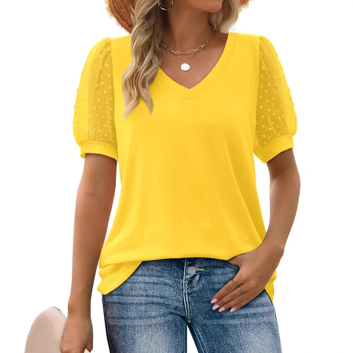 Dame Elegant V-udskæring Top med transparente Puffærmer Stilla