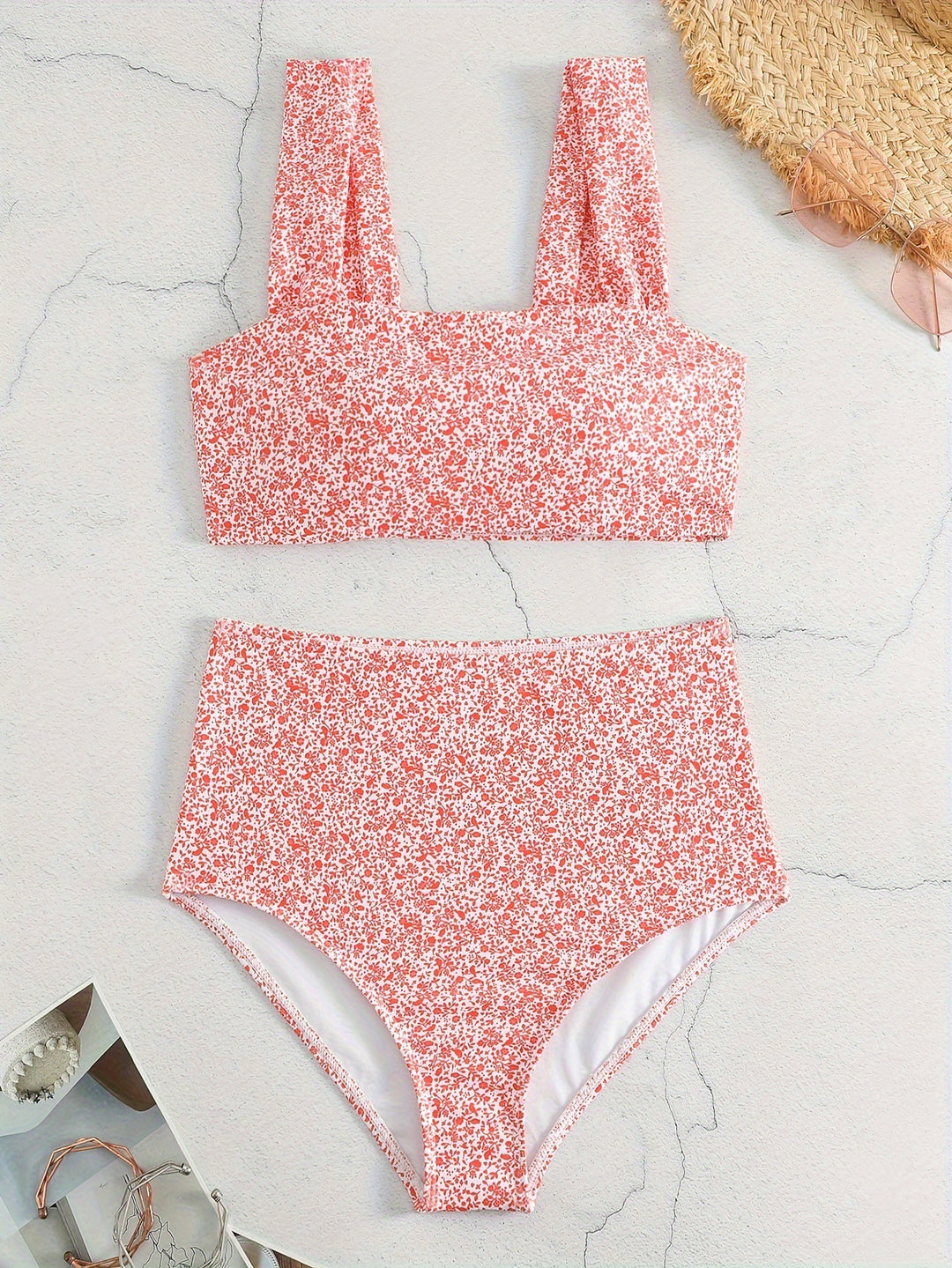 Dame højtaljet bikinisæt med blomster mønster Skovae