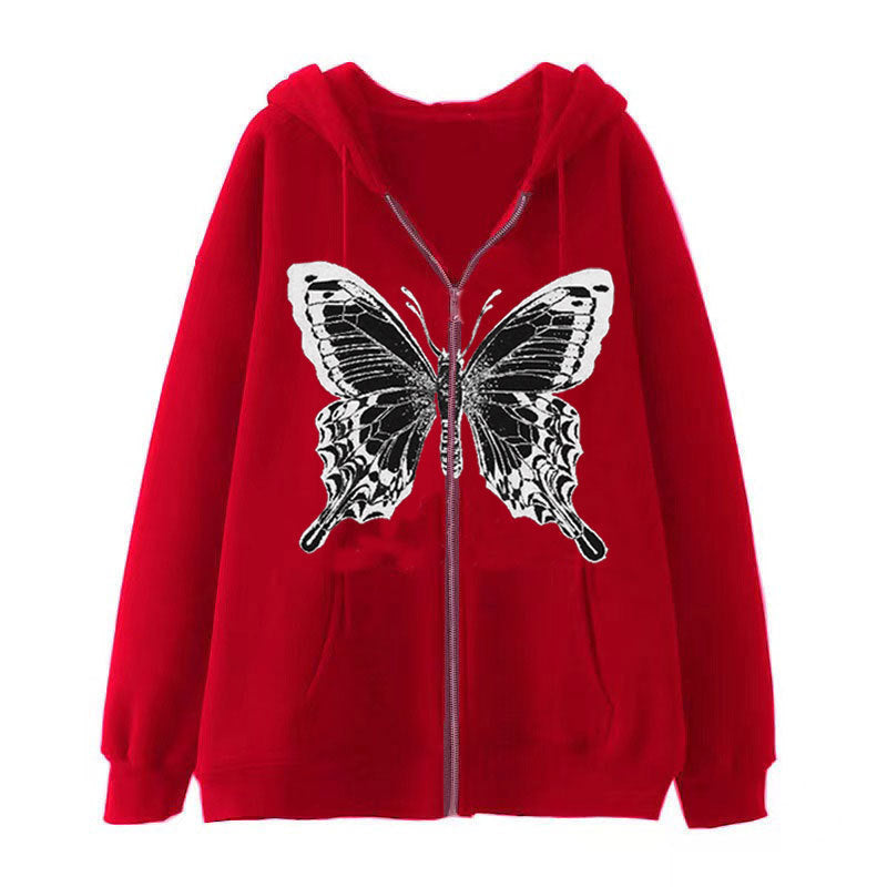 Kvinders zip hoodie med iøjnefaldende sommerfuglemotiv Skovae