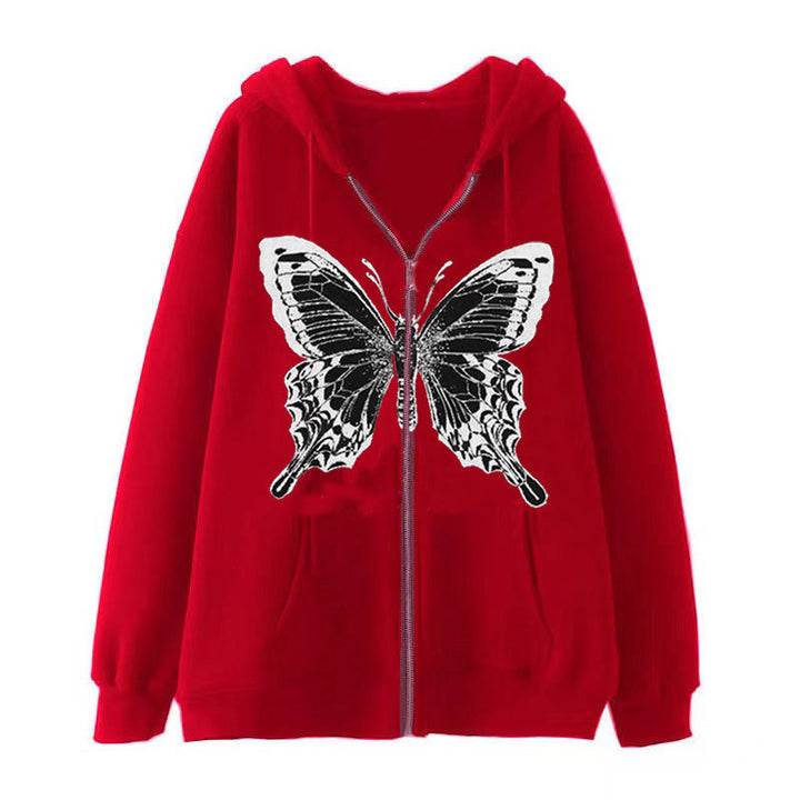 Kvinders zip hoodie med iøjnefaldende sommerfuglemotiv Skovae