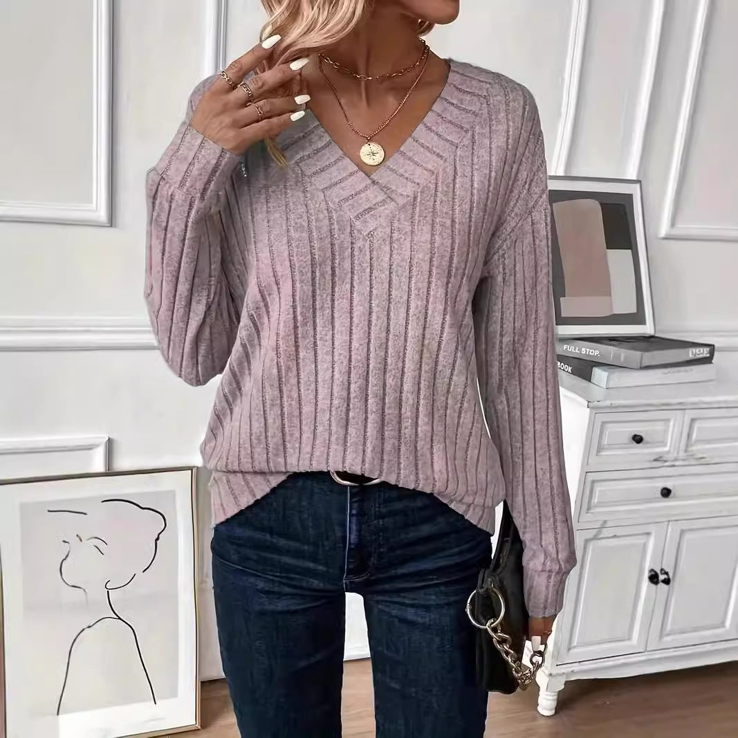 Dame Elegant V-hals top med struktureret ribdesign Stilla