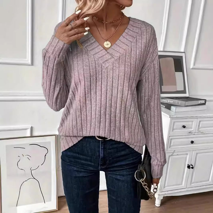 Dame Elegant V-hals top med struktureret ribdesign Stilla