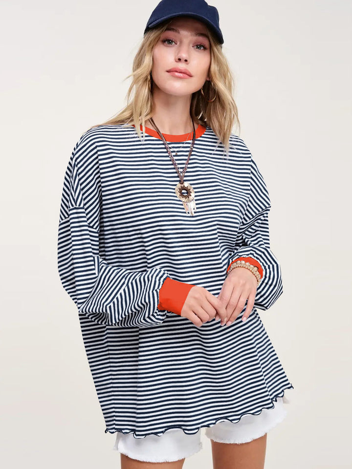 Dame Casual stribet oversized sweatshirt med svingende kant og stribede ærmer Stilla