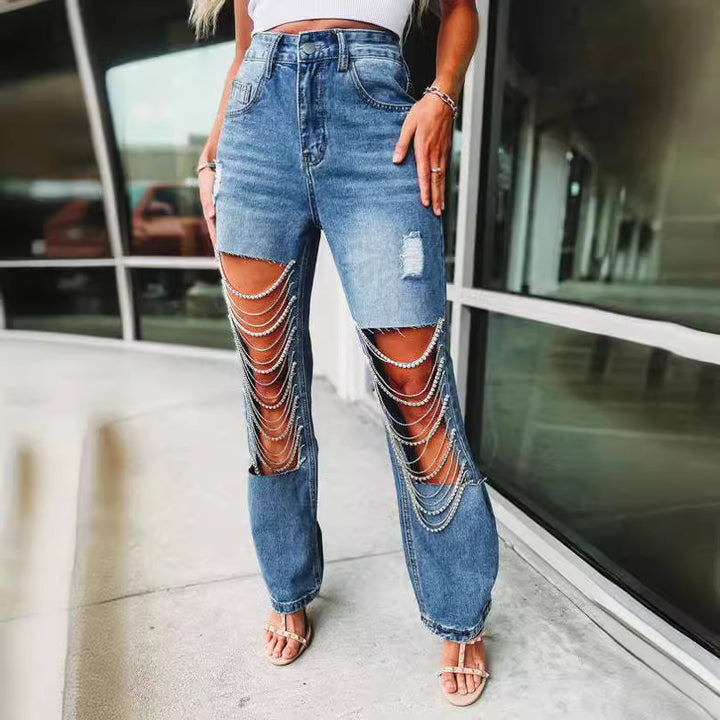 Dame jeans-shorts med trendy kædeaccenter og distressed detaljer Stilla