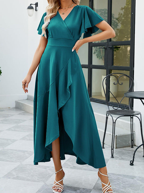 Dame elegant omslagskjole med voluminøse ærmer og asymmetrisk kant Stilla