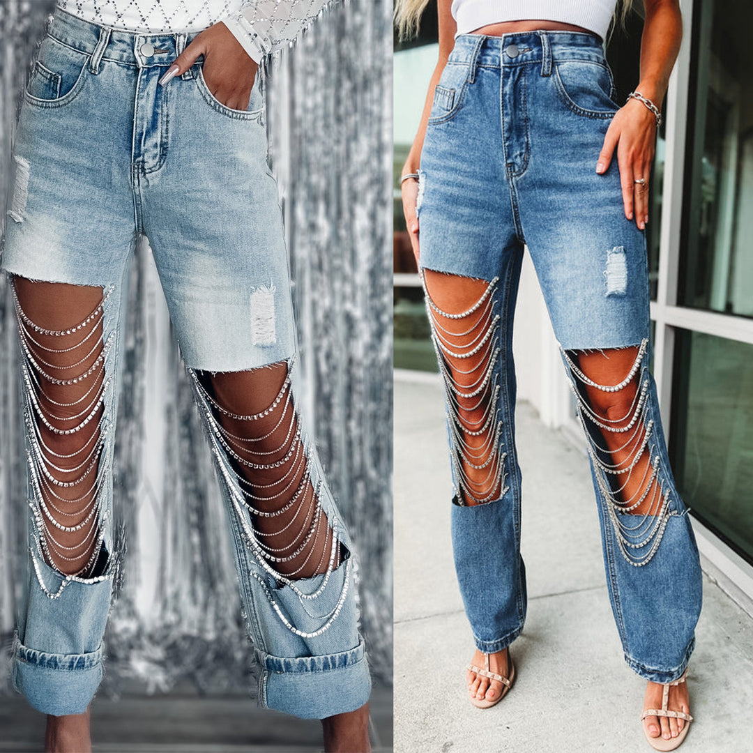 Dame jeans-shorts med trendy kædeaccenter og distressed detaljer Stilla