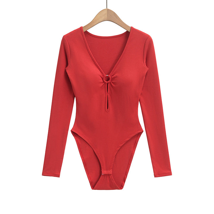 Dame Langærmet bodystocking med elegant V-hals og raffineret knude Stilla
