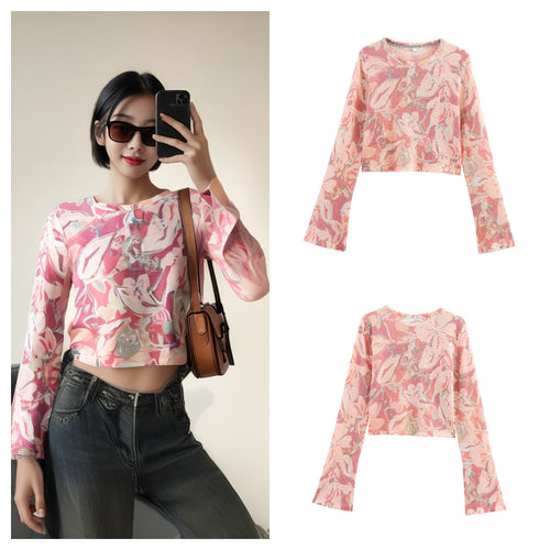 Kvinders afslappede crop top med blomstermønster og brede ærmer Stilla