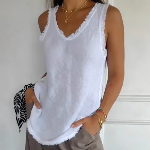 Dame i casual linlook tanktop med frynset kant U-udskæring og løs hofte længde Skovae